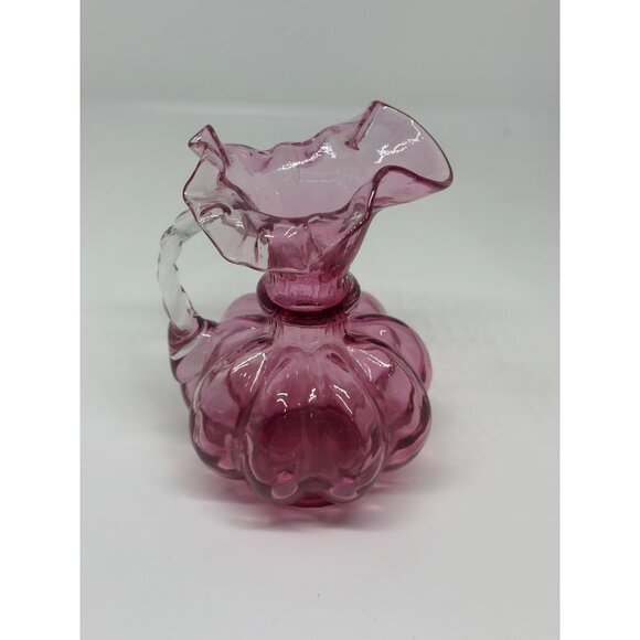 VTG Fenton Cranberry Glass Melon Pitcher – 5" Ruffled Edge Twisted Clear Handle - Picture 2 of 5